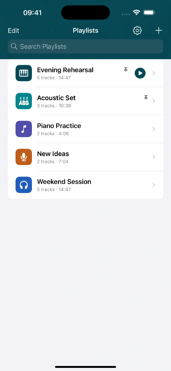SetMaestro on iPhone showing a library of rehearsal, practice and recording playlists
