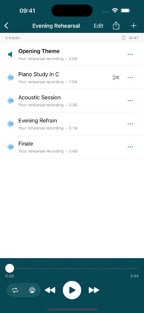 An Evening Rehearsal playlist in SetMaestro on iPhone with five ordered tracks and playback controls